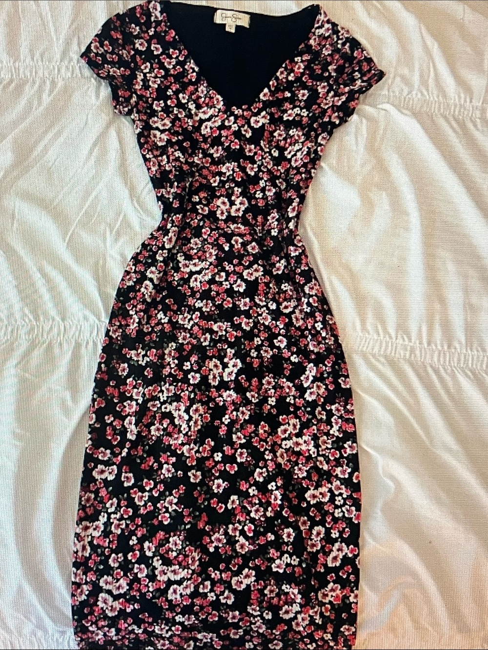 Jessica Simpson Black Midi Dress with Pink & White Floral Pattern